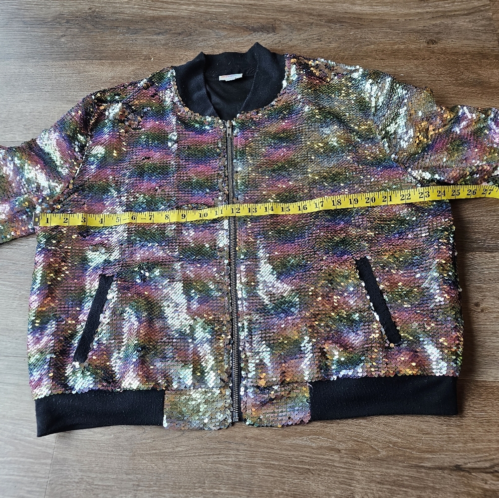 LULAROE ELEGANT STEVIE BOMBER JACKET size XL Rainbow Sequins Zipper Pocket - Picture 8 of 10